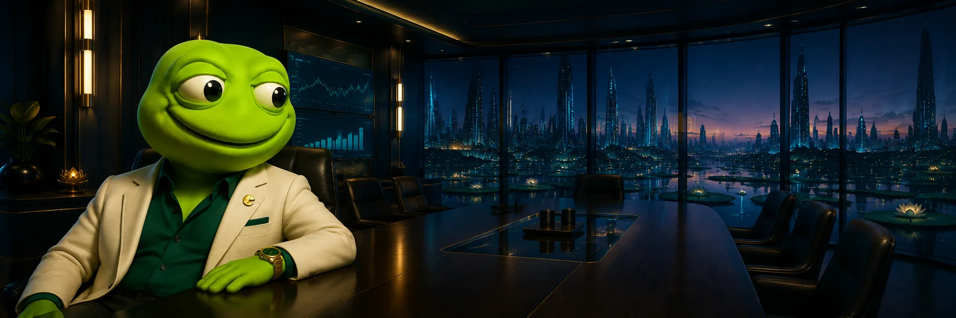 CEOAD, a toad in a cream suit and emerald shirt, seated at the head of a boardroom table above a lily-pad city at night